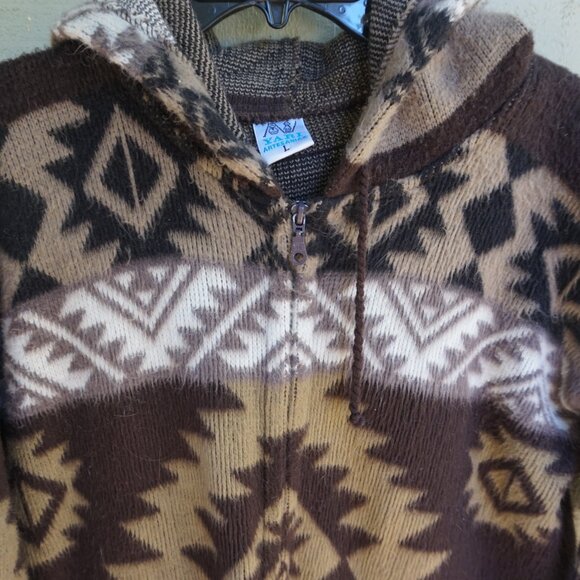 Wool Hoodie Made in Equador Aztec Pattern Earth Tones Full Zip VGUC Size L - Picture 3 of 6